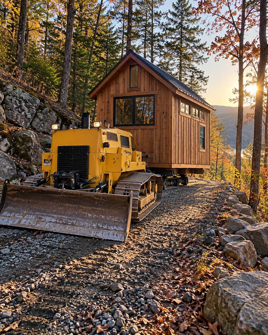 Illustration: A tracked dozer and a cabin on a narrow gravel lot road in the woods.
