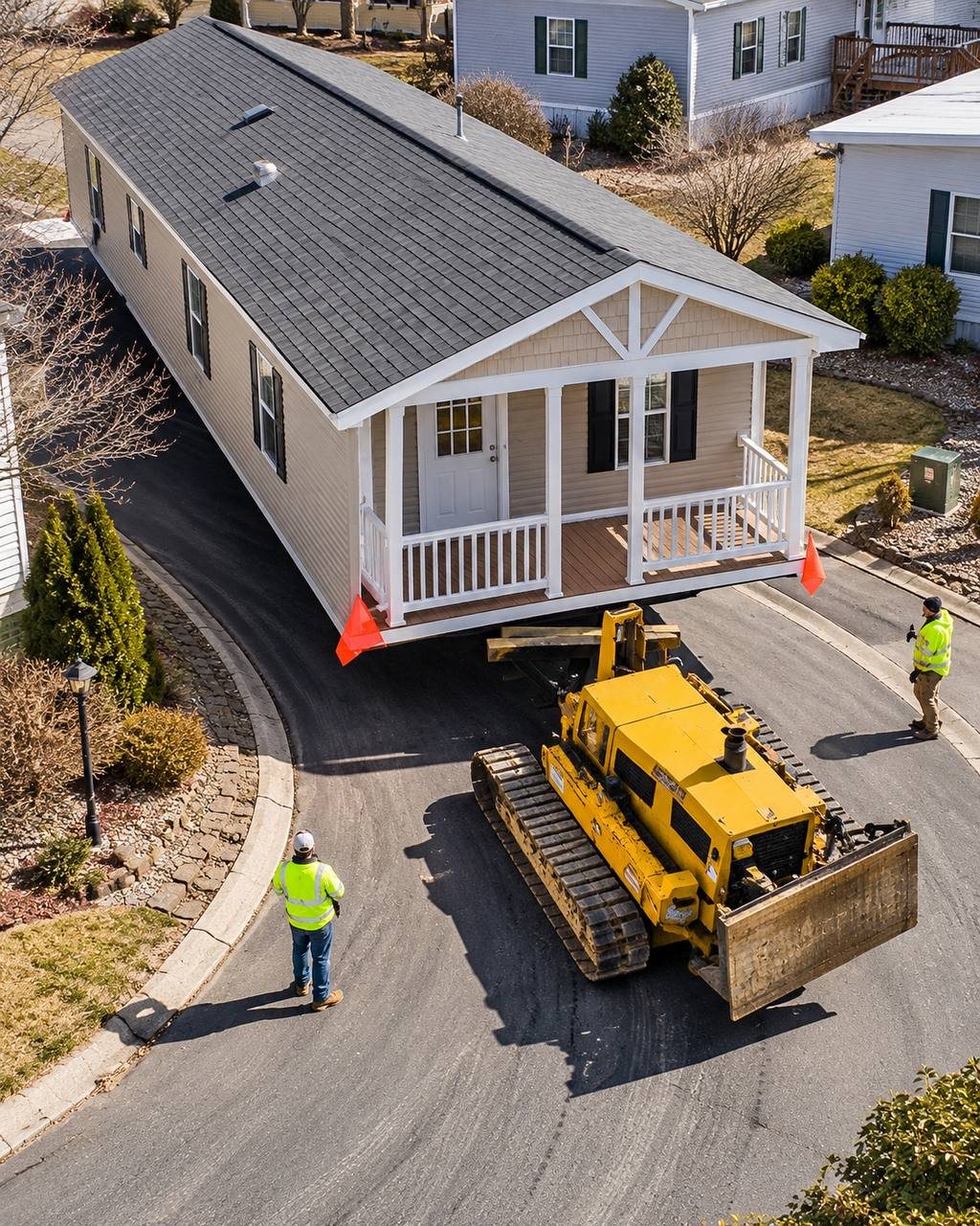 Illustration: A tracked dozer walking a porch-front single-wide through a park lane.