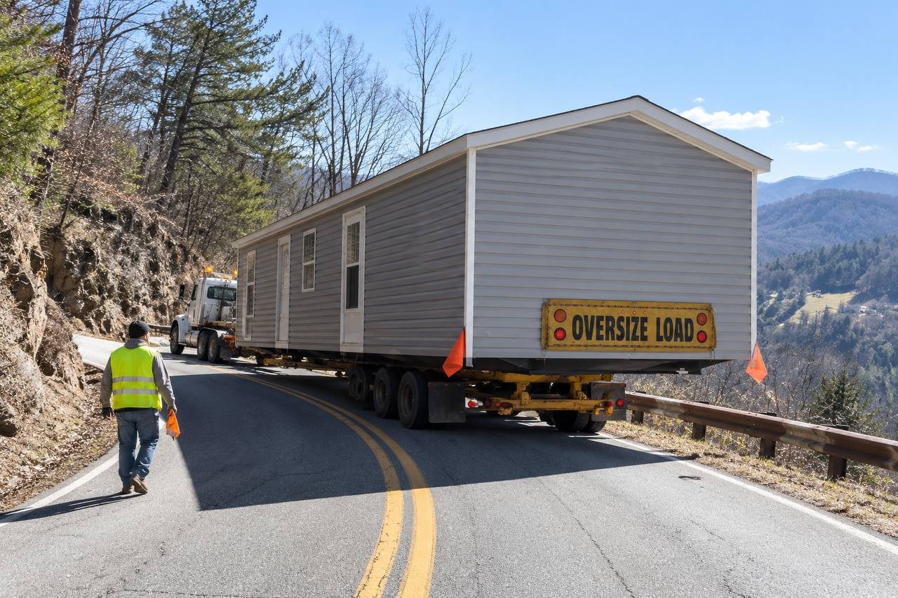 Illustration: A single-wide on an oversize-load toter on a two-lane mountain road, flagger walking behind.