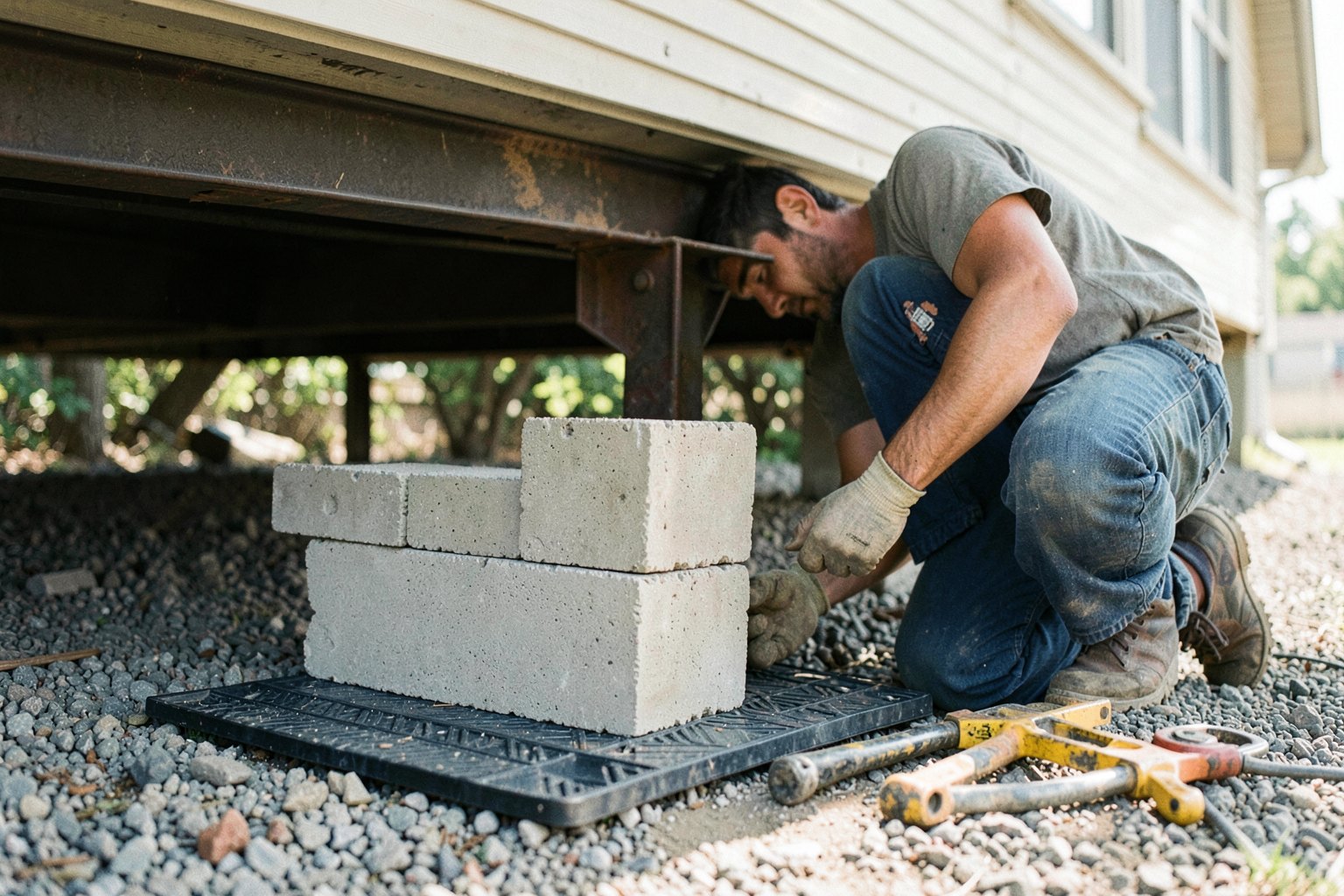 Crew blocking and leveling a single-wide on concrete piers