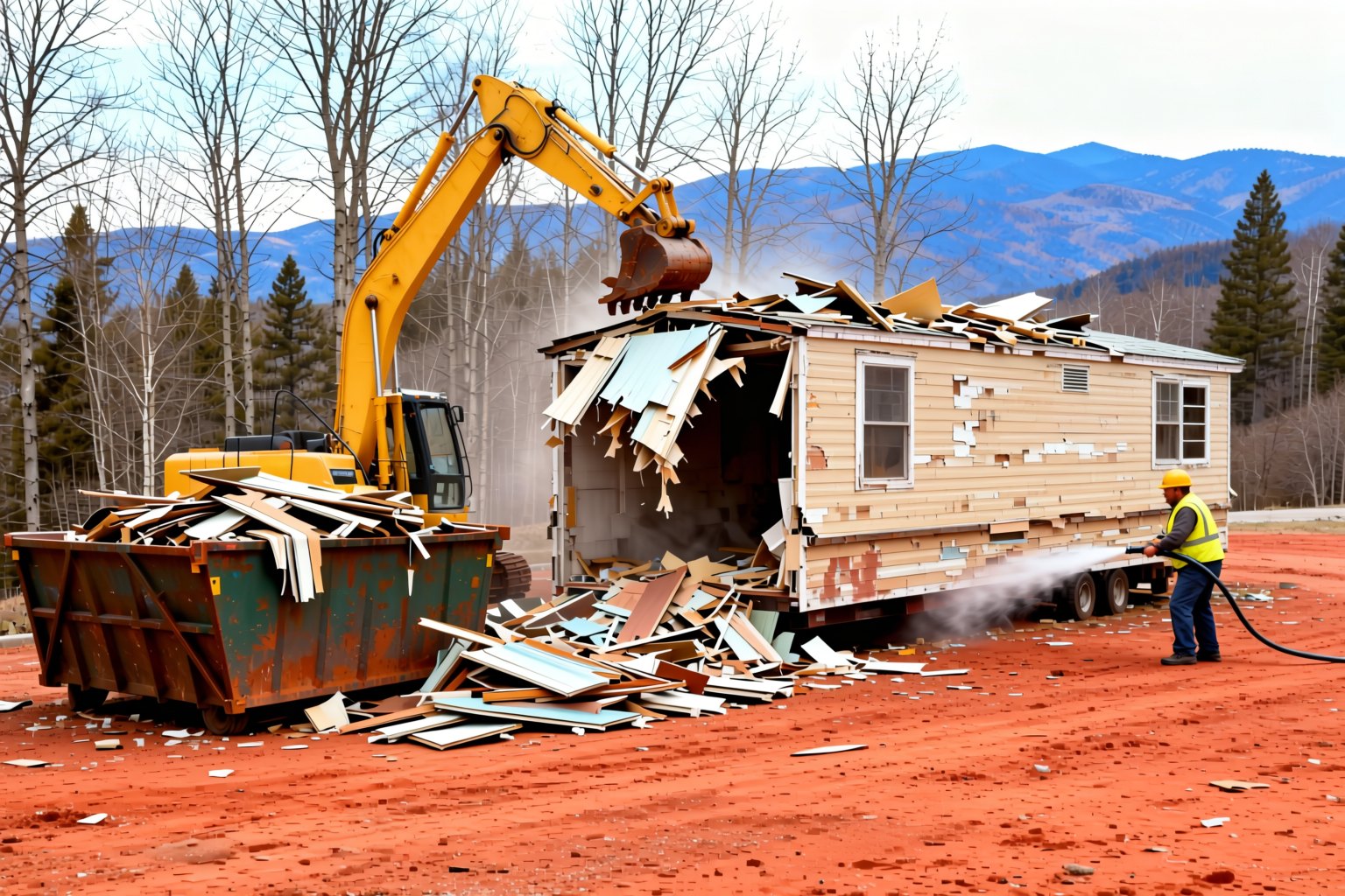 Excavator demolishing a mobile home and loading debris into a roll-off
