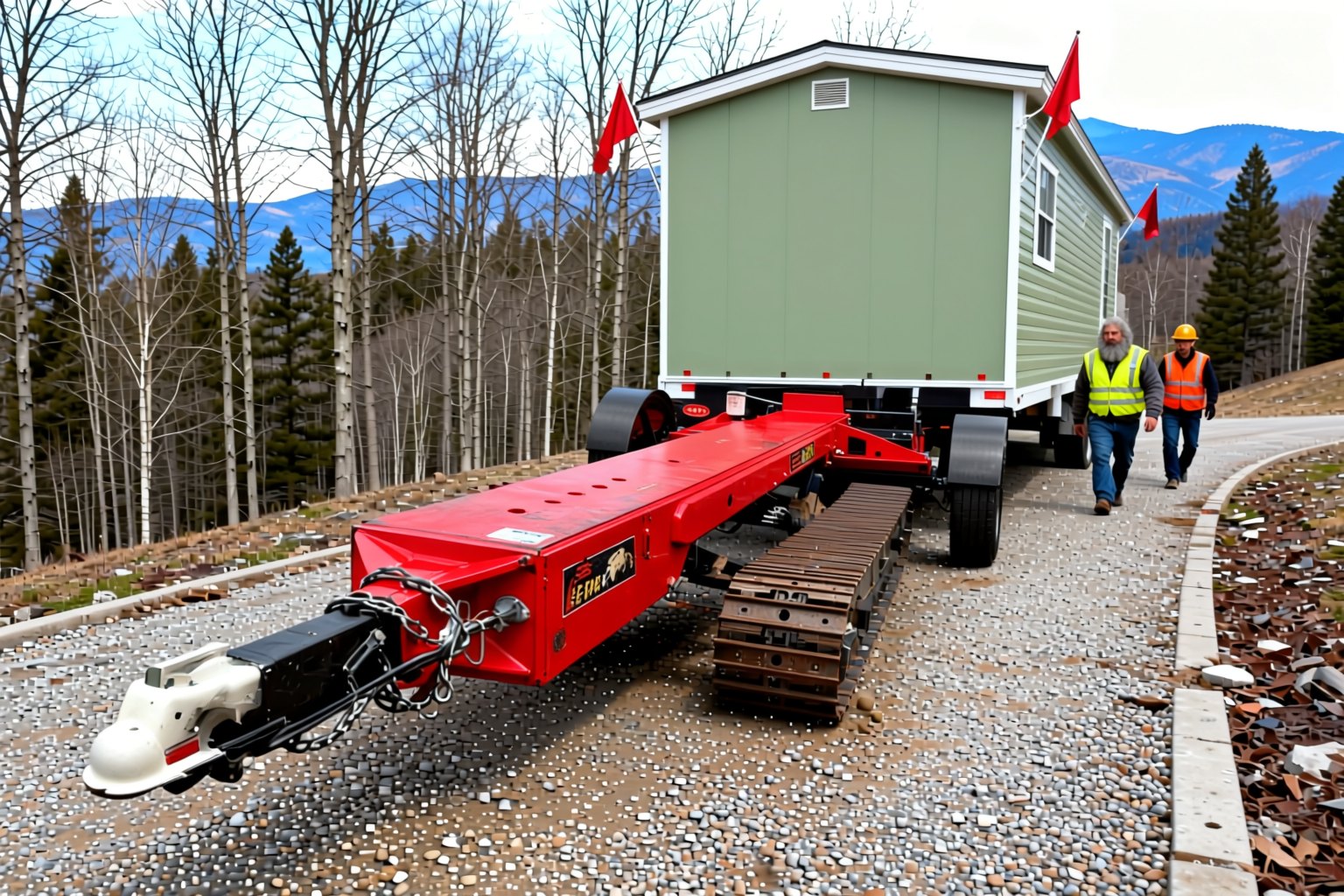 Our tracked home mover walking a single-wide off the road and onto its pad